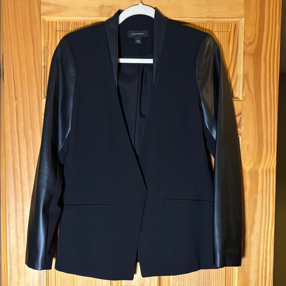Halogen Black Blazer with Faux Leather Sleeves